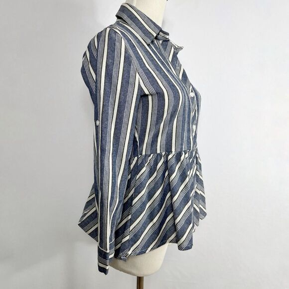 LOVE NOTES Blue Peplum Stripe Button Down Ruffle Long Sleeve Cotton Shirt - Picture 2 of 9